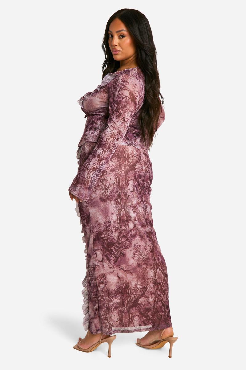 Плюс змія для друку сітка з рубанням і максі спідниця co ord ord