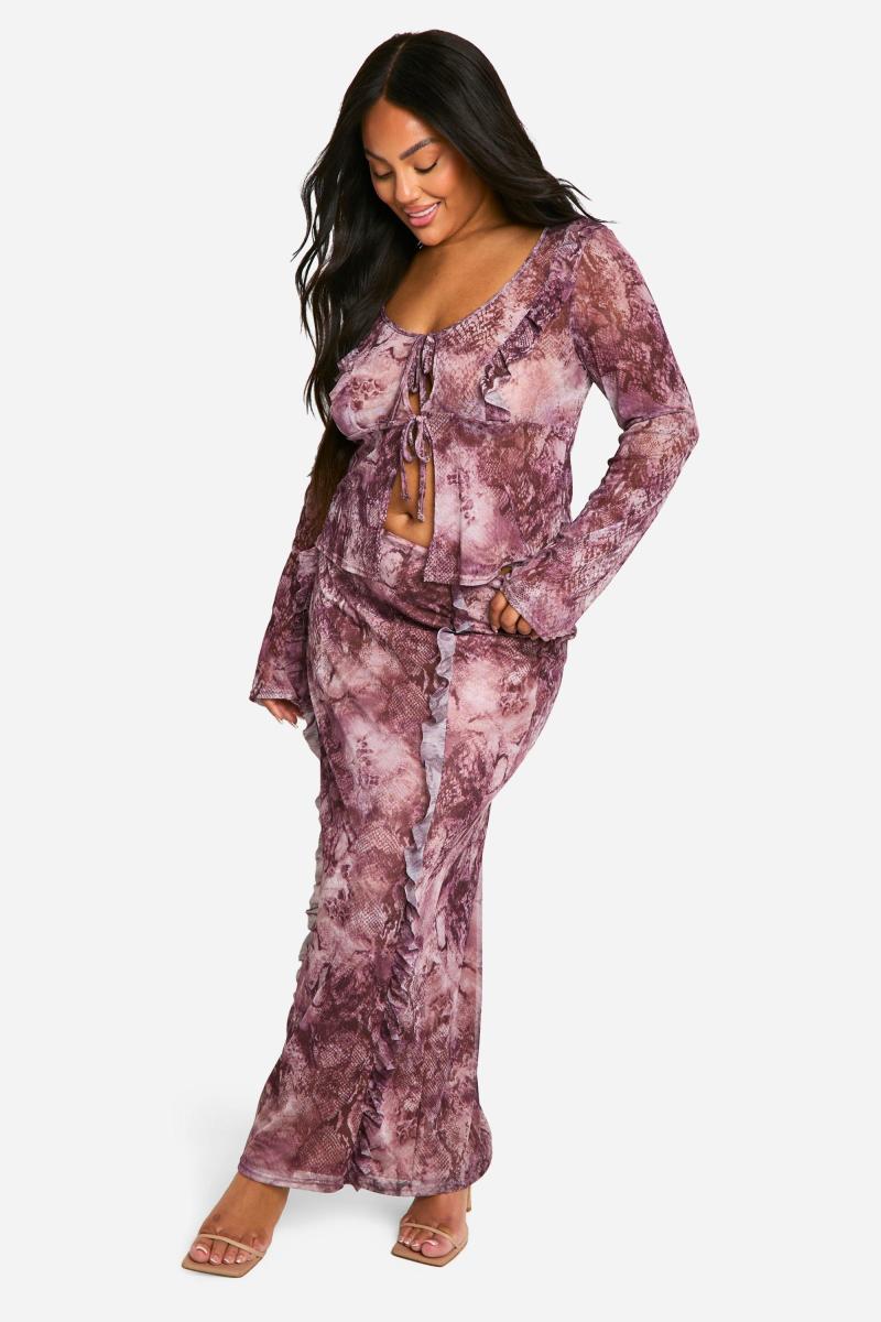 Плюс змія для друку сітка з рубанням і максі спідниця co ord ord