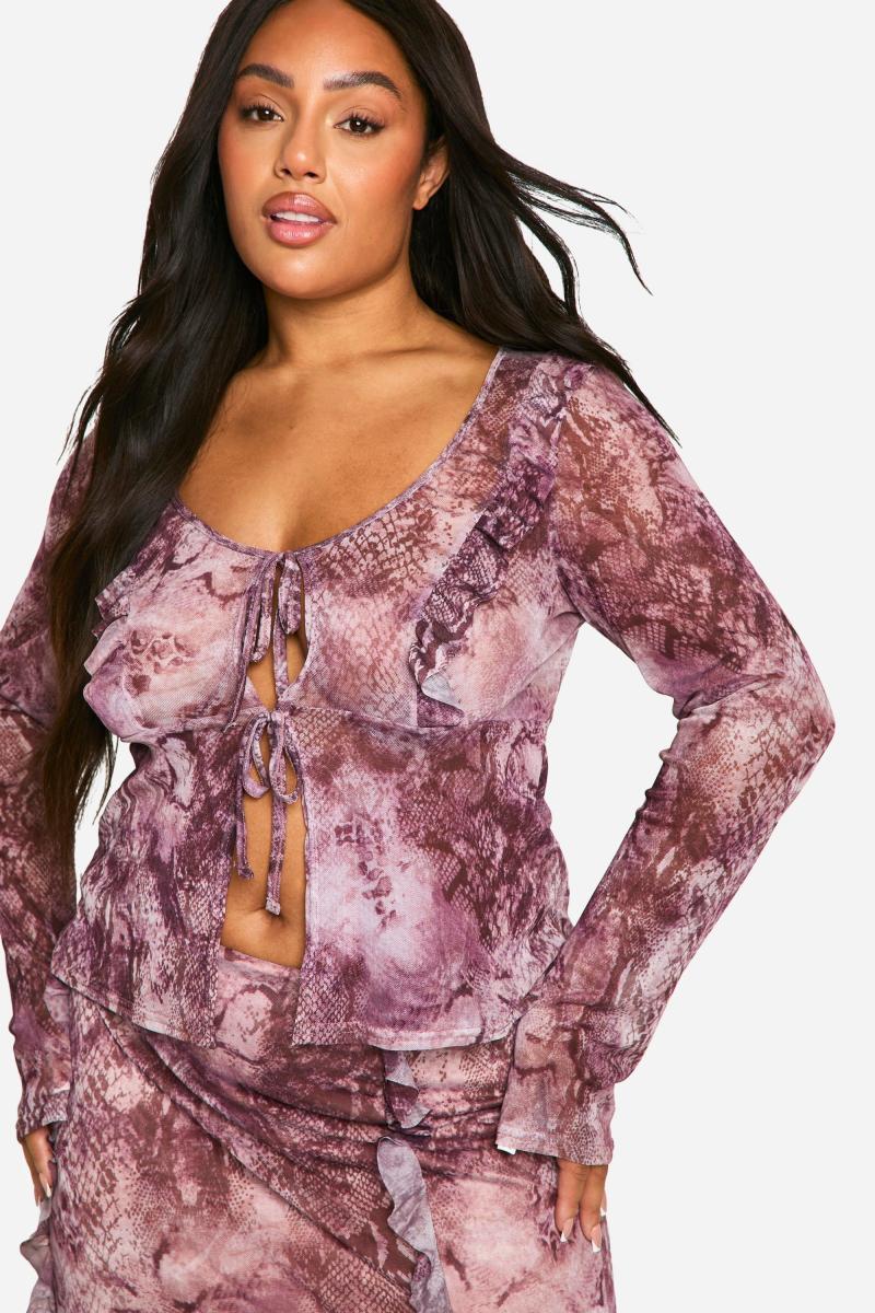 Плюс змія для друку сітка з рубанням і максі спідниця co ord ord