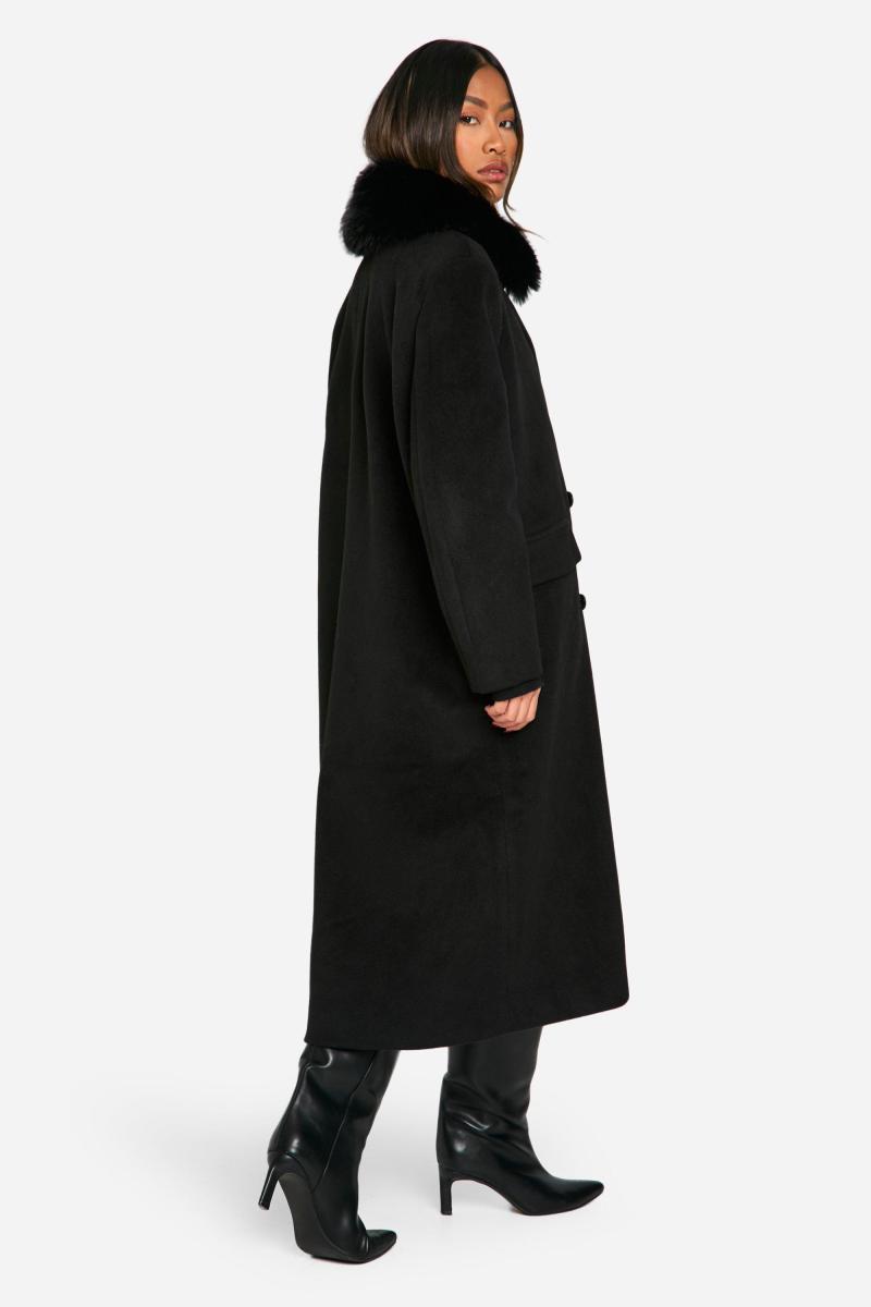 Велике двобортне шерстяне пальто зі штучним хутром