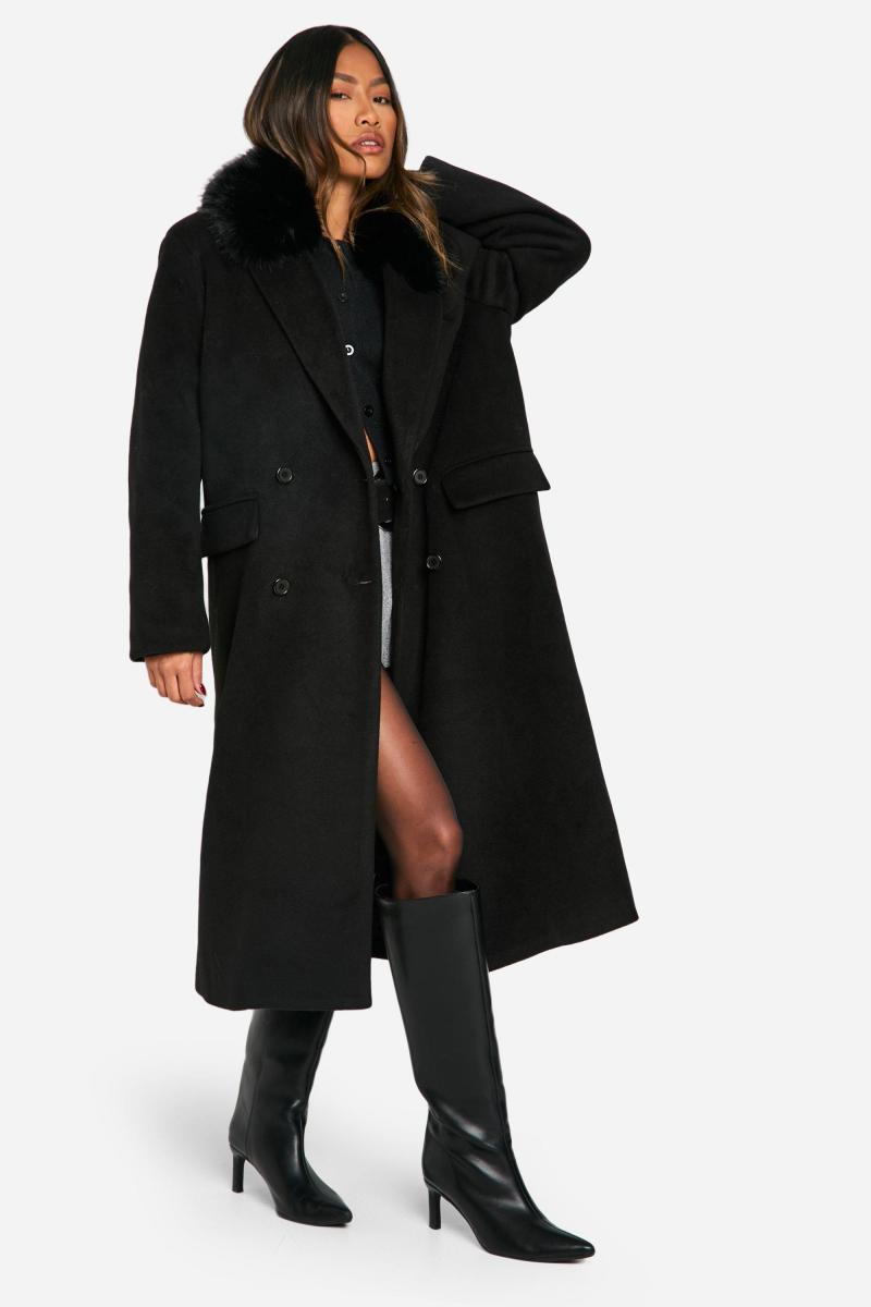 Велике двобортне шерстяне пальто зі штучним хутром
