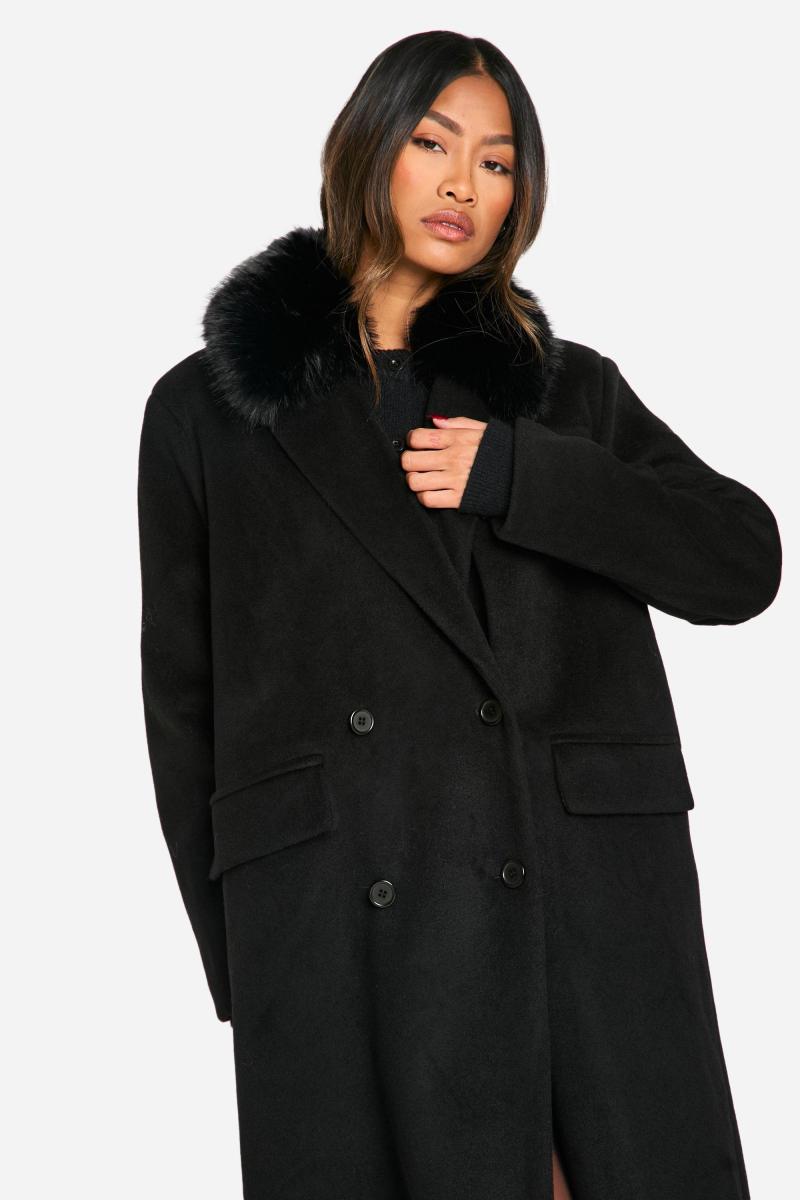Велике двобортне шерстяне пальто зі штучним хутром