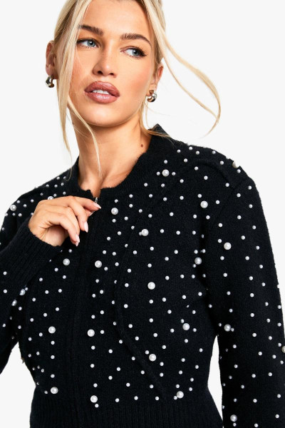 В'язаний бомбер на блискавці з деталями перлів