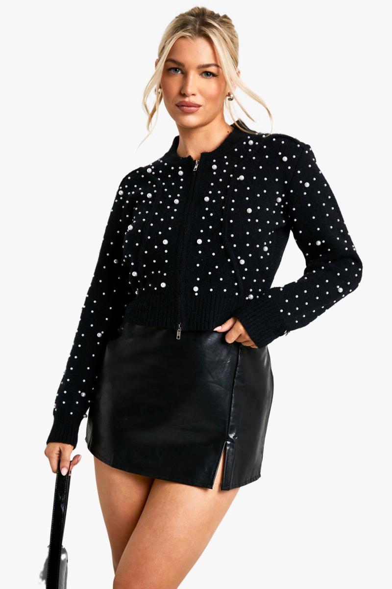 В'язаний бомбер на блискавці з деталями перлів