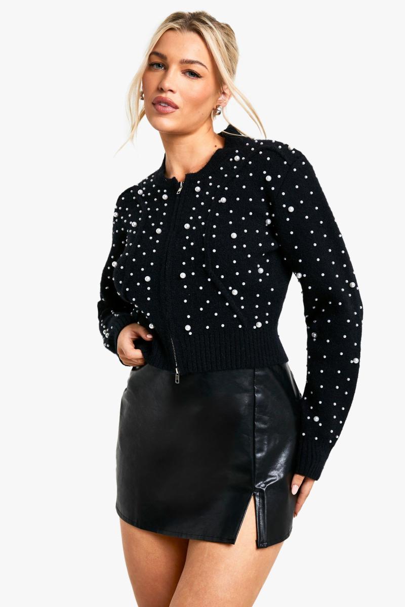 В'язаний бомбер на блискавці з деталями перлів