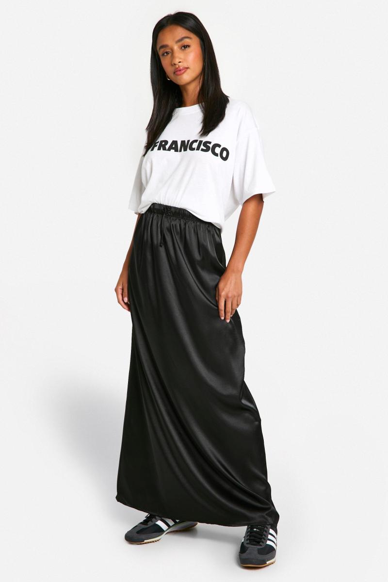 Маленька атласна максі-спідниця на талії