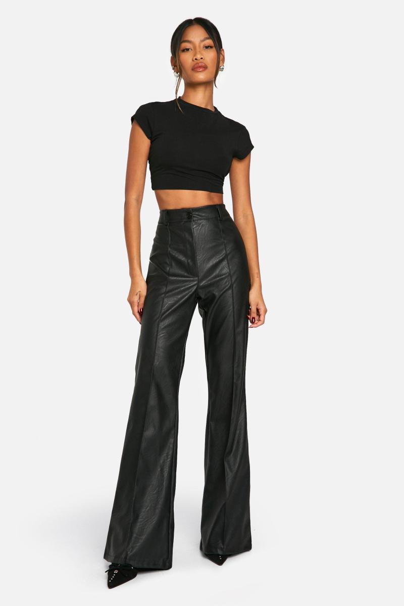 Штани-кльош із завищеною талією та швом спереду в стилі шкіри