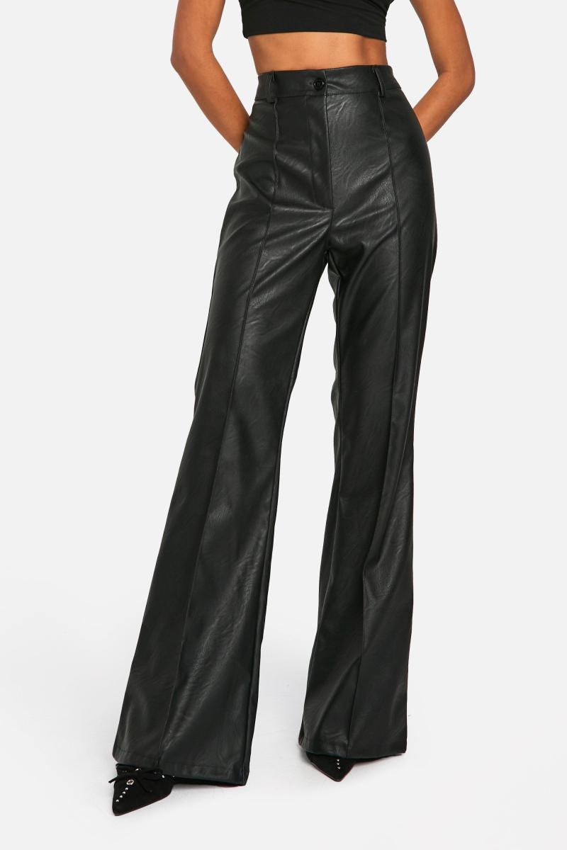 Штани-кльош із завищеною талією та швом спереду в стилі шкіри