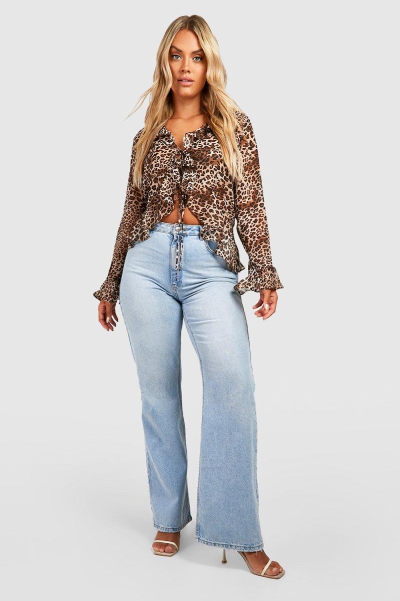 Плюс блуза з краваткою з леопардовим принтом і оборками