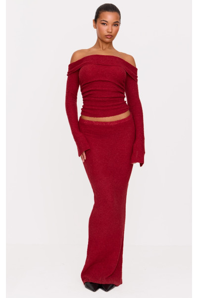 Бордова трикотажна максі-спідниця