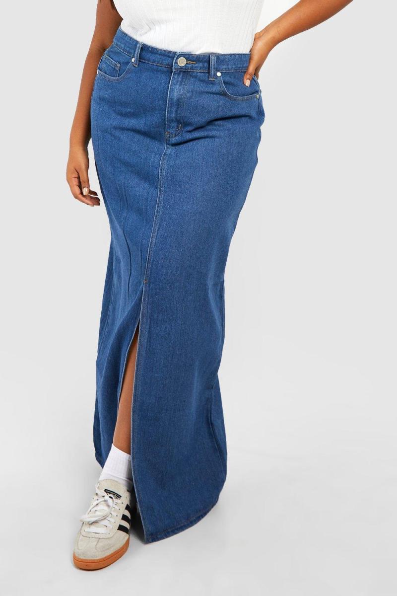 Джинсова максі-спідниця з розрізами спереду