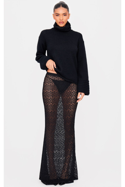 Чорна прозора спідниця максі з мереживом