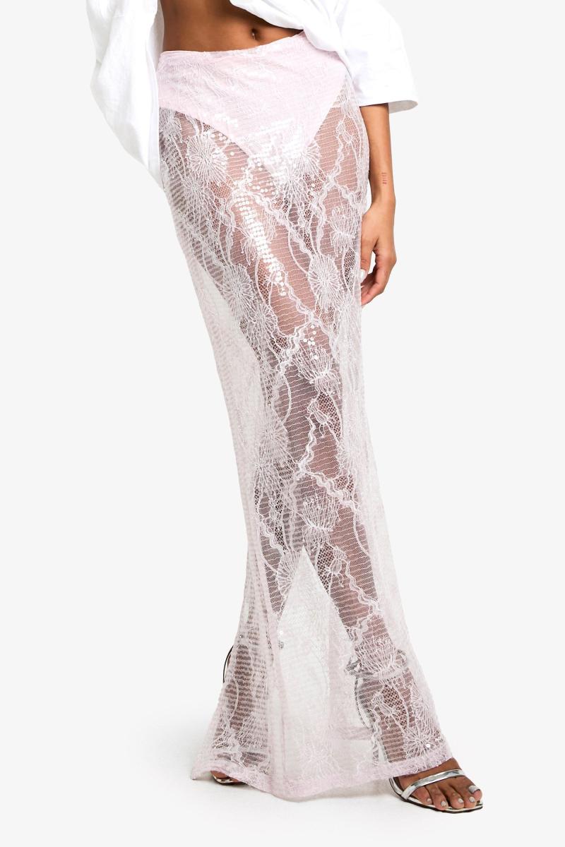 Прозора спідниця максі з мереживом з блискітками