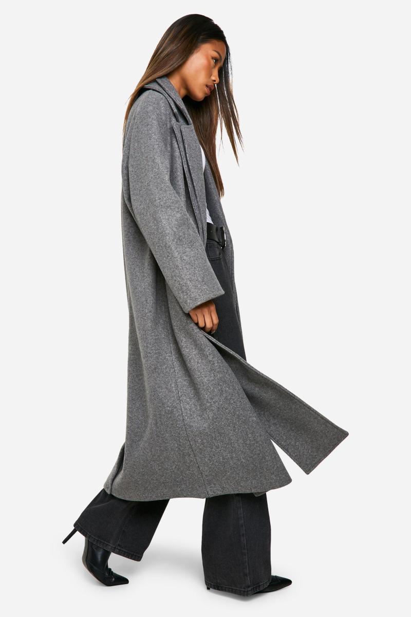 Двобортне вовняне максі-пальто з деталлю коміра