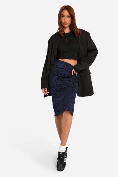 Спідниця міді з принтом зебри в рубчик з розрізами збоку