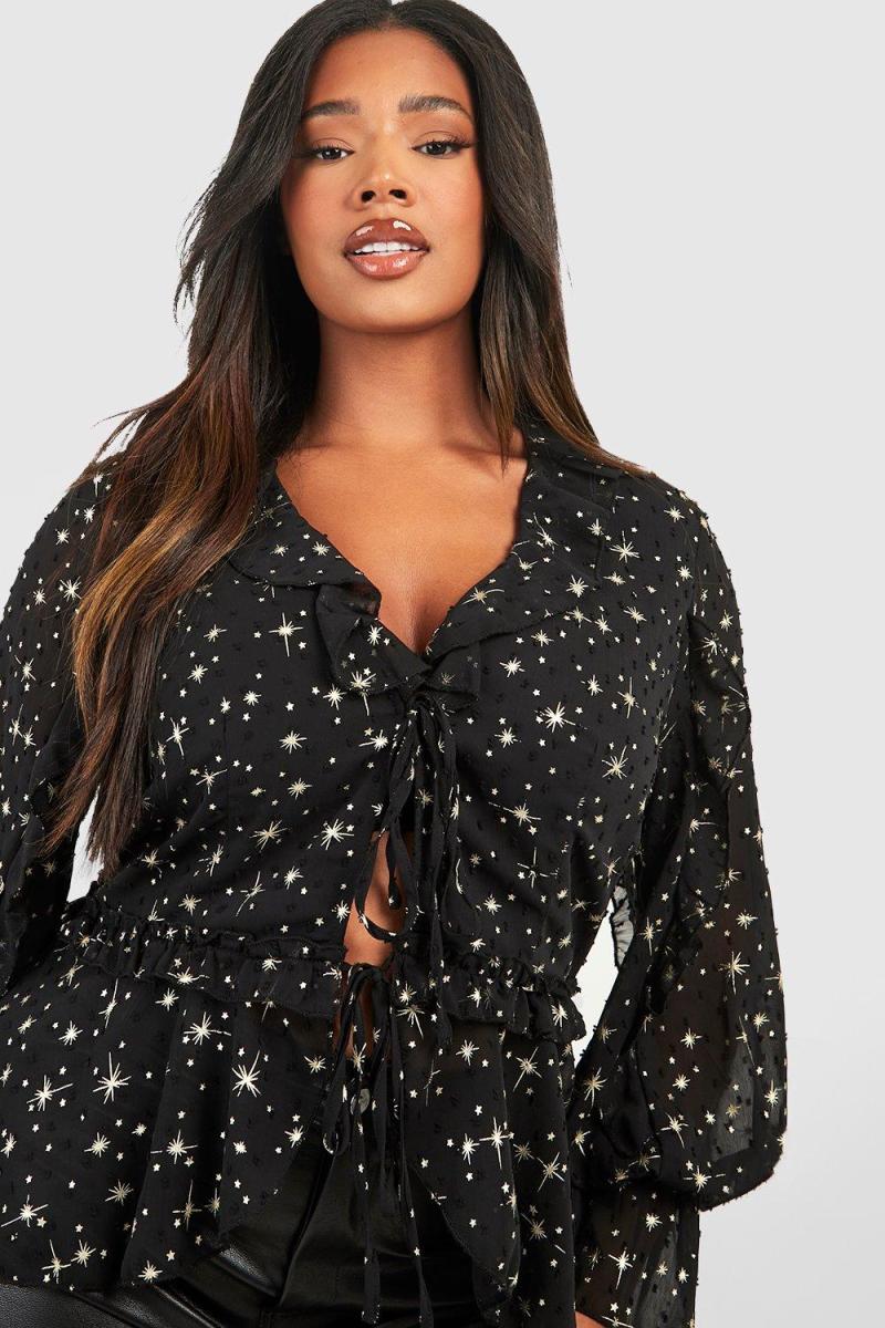 Плюс золота блуза з воланами