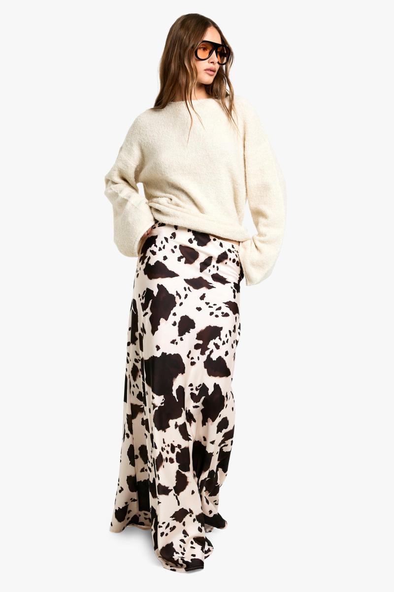 СПІДНИЦЯ МАКСІ З АТЛАСУ З КОРОВ'ЯЧИМ ПРИНТОМ