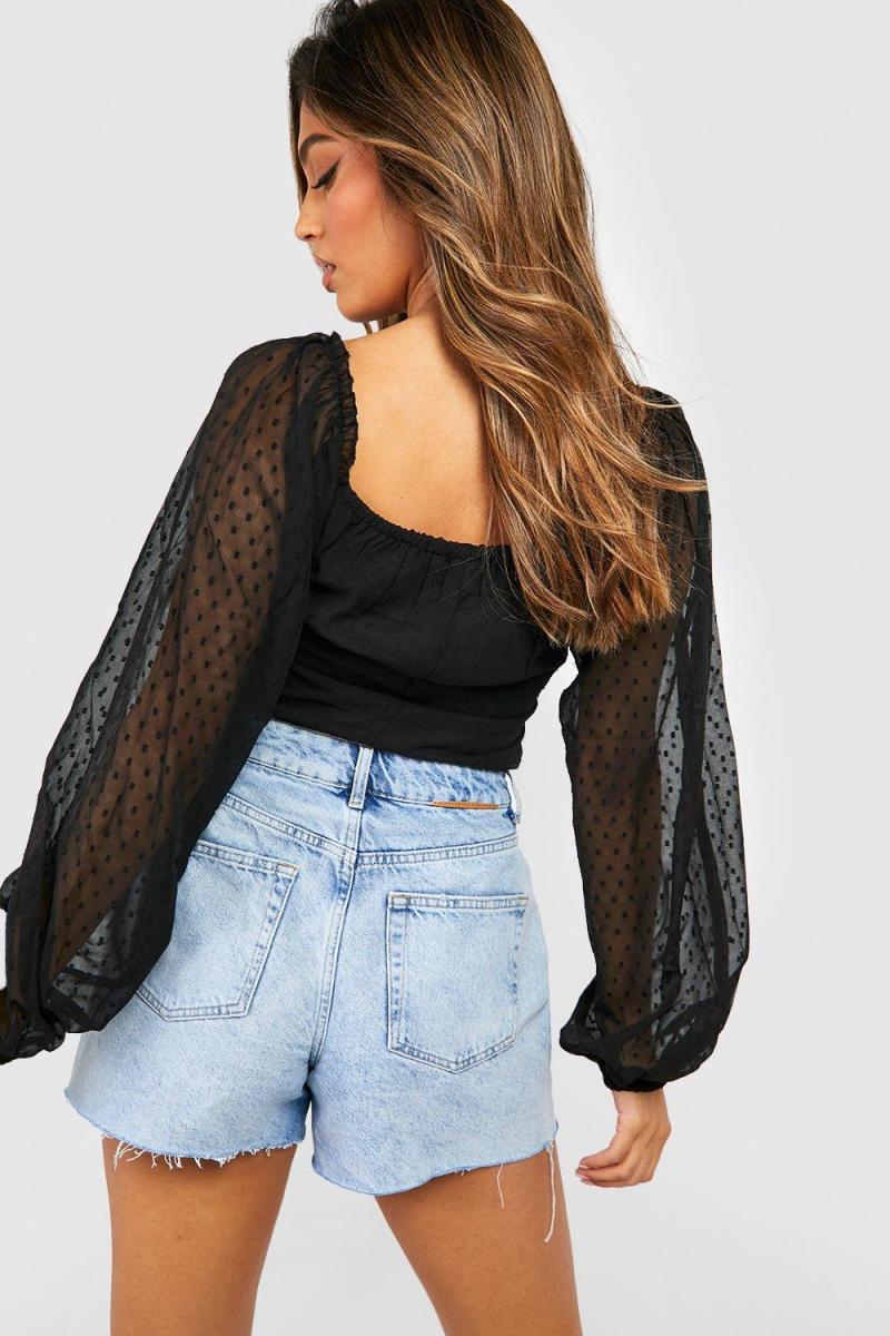 Чорна блуза Dobby Mesh із рюшами та деталями чашки