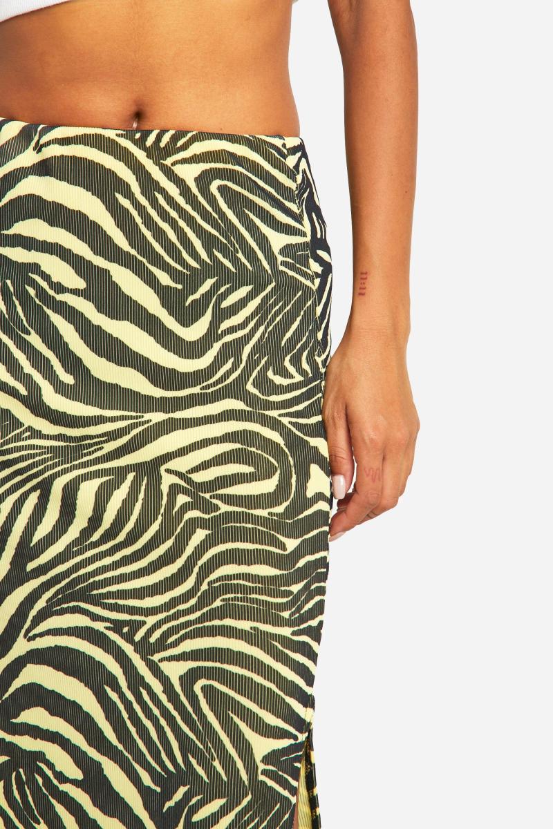 Спідниця міді з принтом зебри в рубчик з розрізами збоку