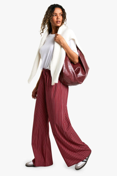 Широкі брюки бордового кольору в тонку смужку