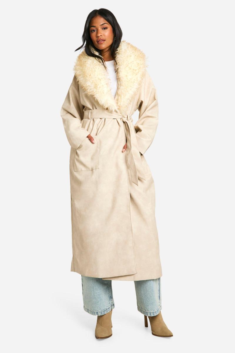 Високий тренч зі штучного хутра з вінтажним коміром і штучною шкірою