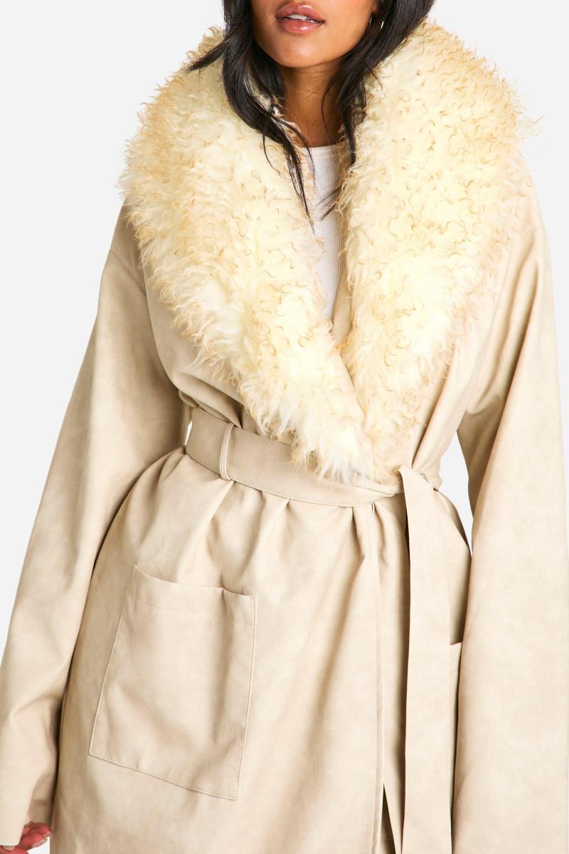 Високий тренч зі штучного хутра з вінтажним коміром і штучною шкірою