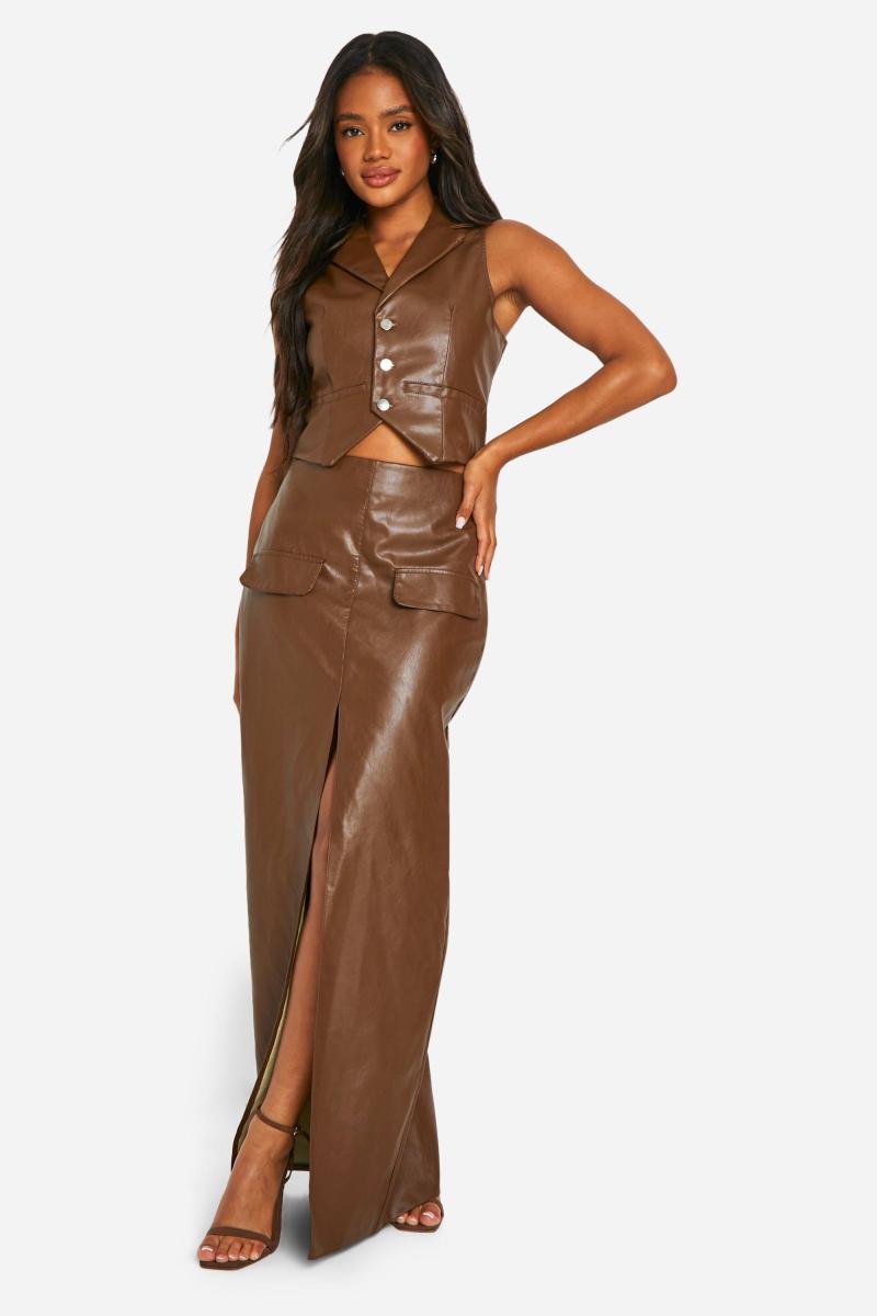 Шкіряна шкіряна кишенькова деталь обгорнути максі спідницю