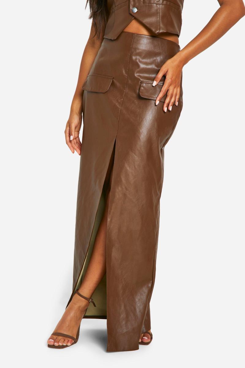 Шкіряна шкіряна кишенькова деталь обгорнути максі спідницю