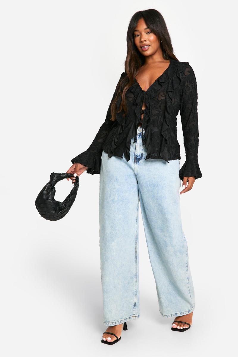 Плюс блуза Burnout із подвійною оборкою та зав’язкою спереду