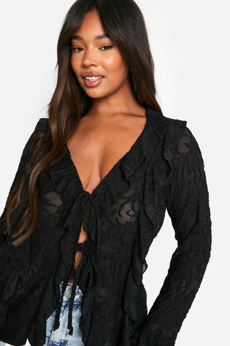 Плюс блуза Burnout із подвійною оборкою та зав’язкою спереду