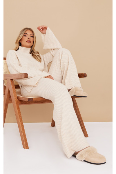 Широкі трикотажні брюки в рубчик Oatmeal Luxe