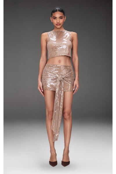 Світло-коричнева мікро-міні-спідниця з рюшами з паєтками
