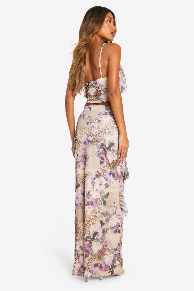 Леопардова сітчаста максі-спідниця з рюшами