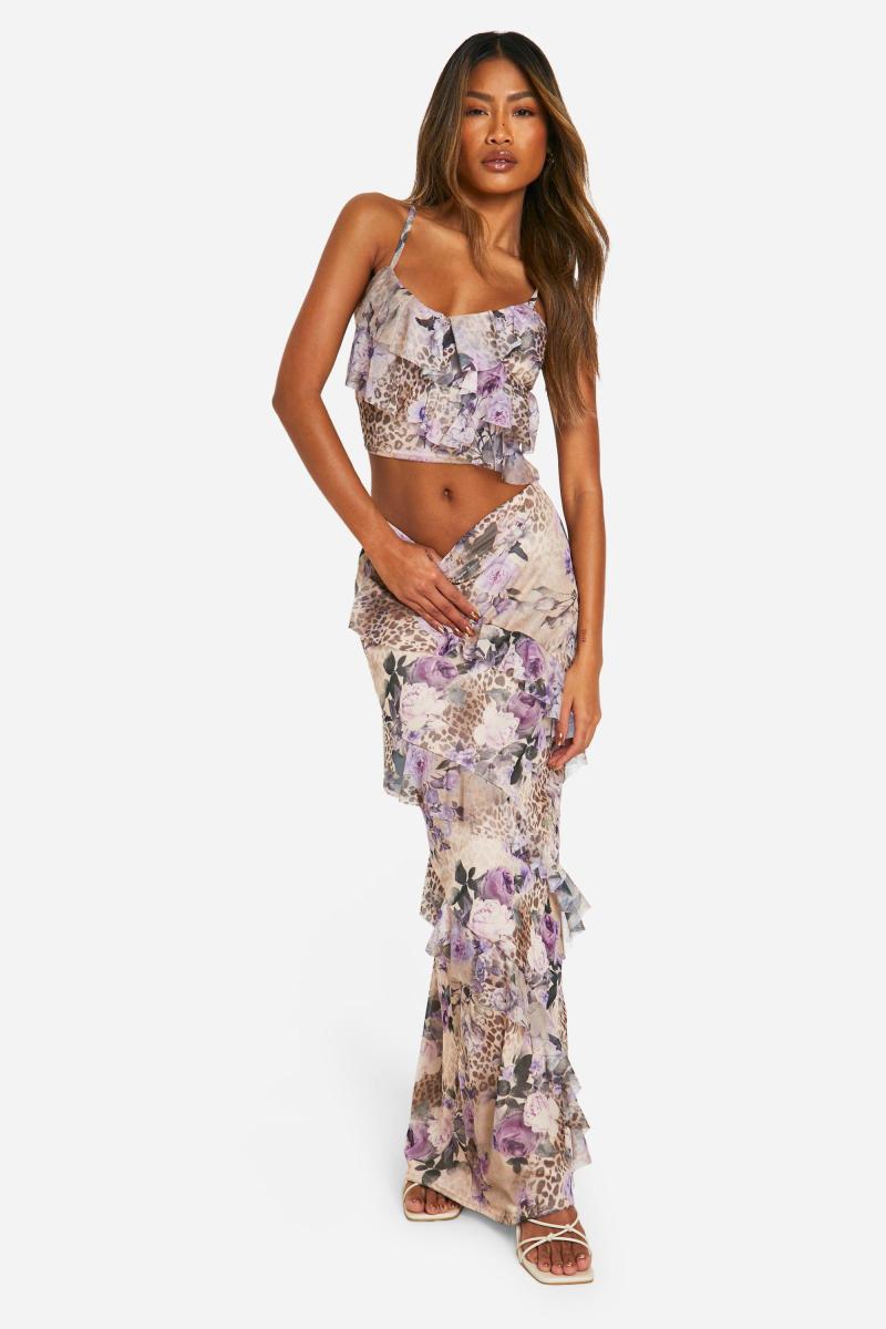 Леопардова сітчаста максі-спідниця з рюшами