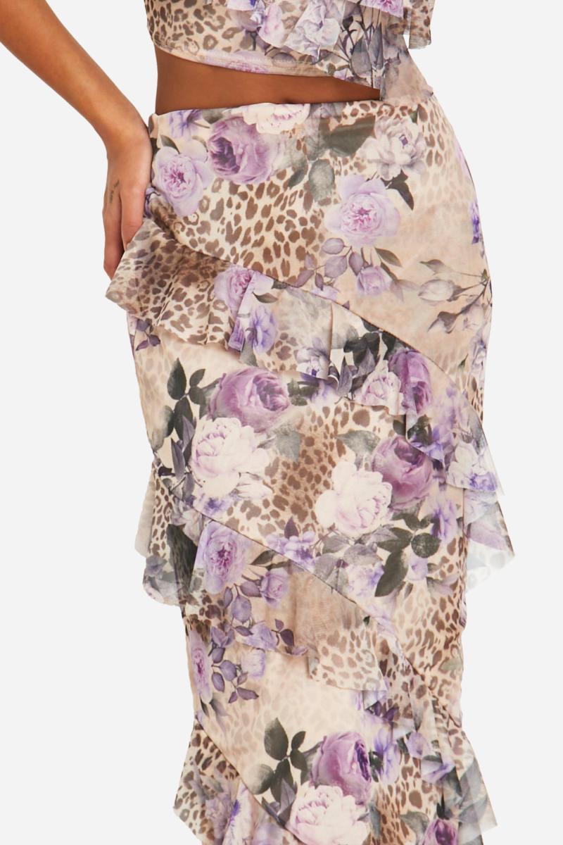 Леопардова сітчаста максі-спідниця з рюшами