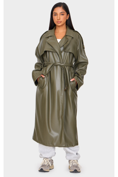 Тренч кольору хакі зі штучної шкіри з поясом Petite