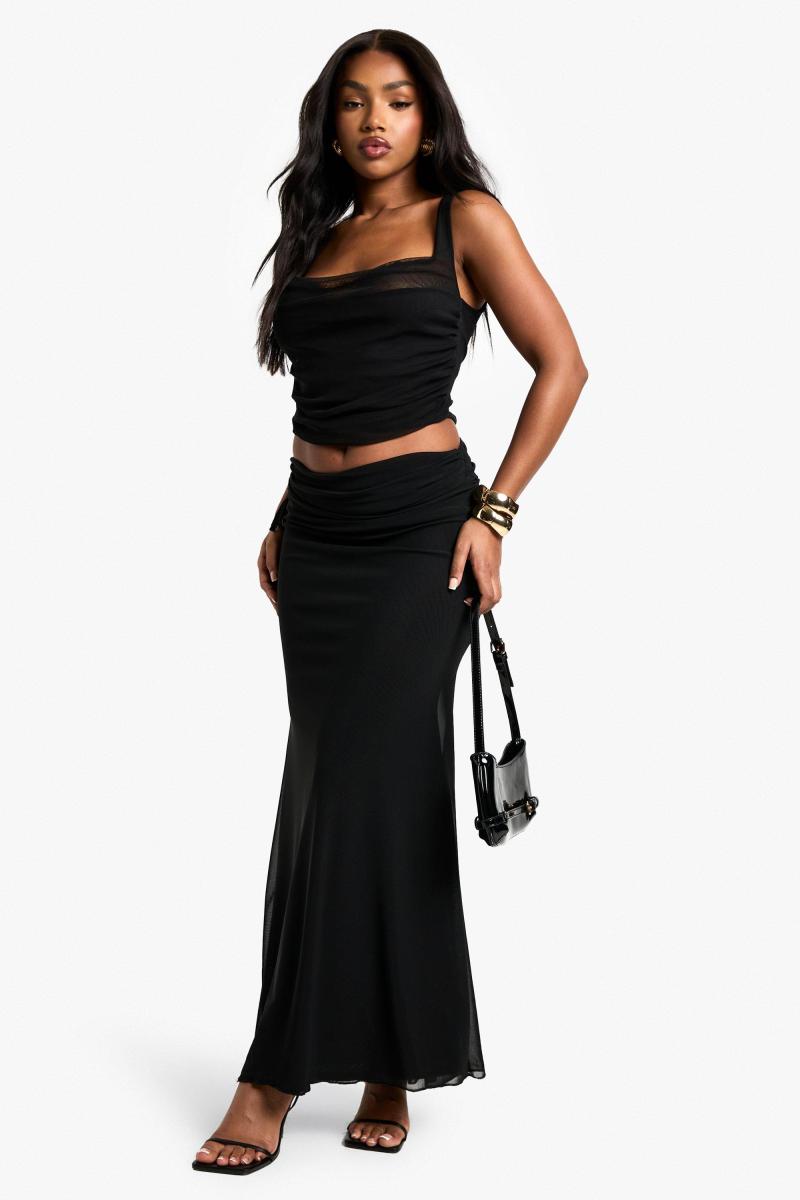 Спідниця максі з боків із сітчастими рюшами