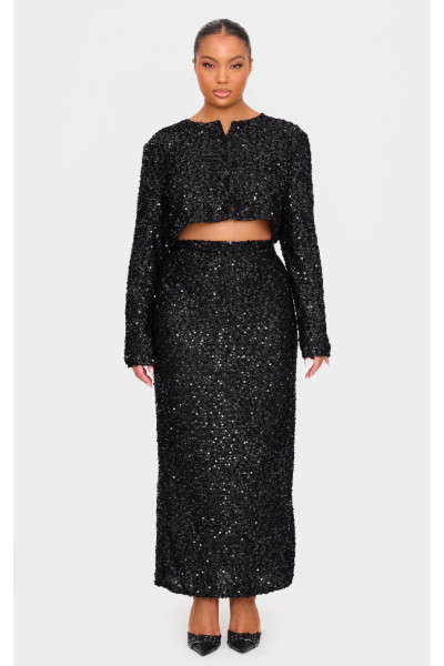 Плюс чорна спідниця максі з паєтками
