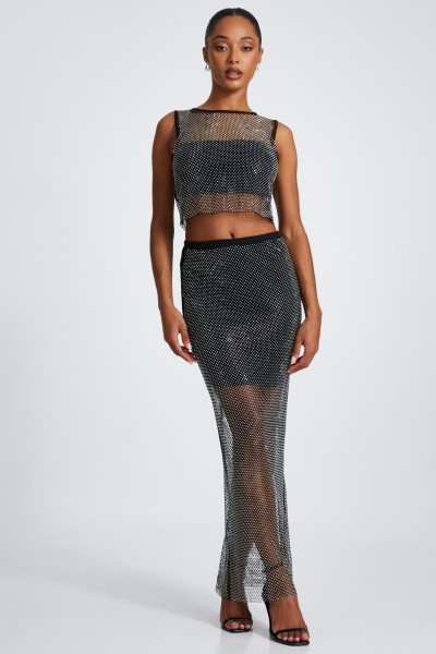 Чорна сітка діаманте мідаксі спідниця