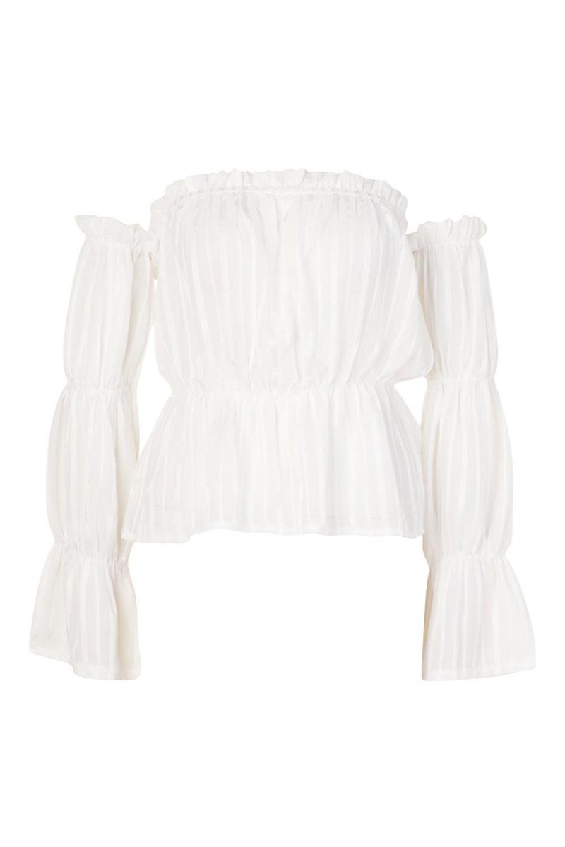 Білий топ у тонку атласну смужку з об’ємними рукавами і бардо